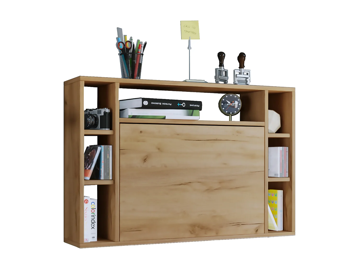 Wandila Bureau mural pour ordinateur portable, 7 compartiments, imitation chêne miel.