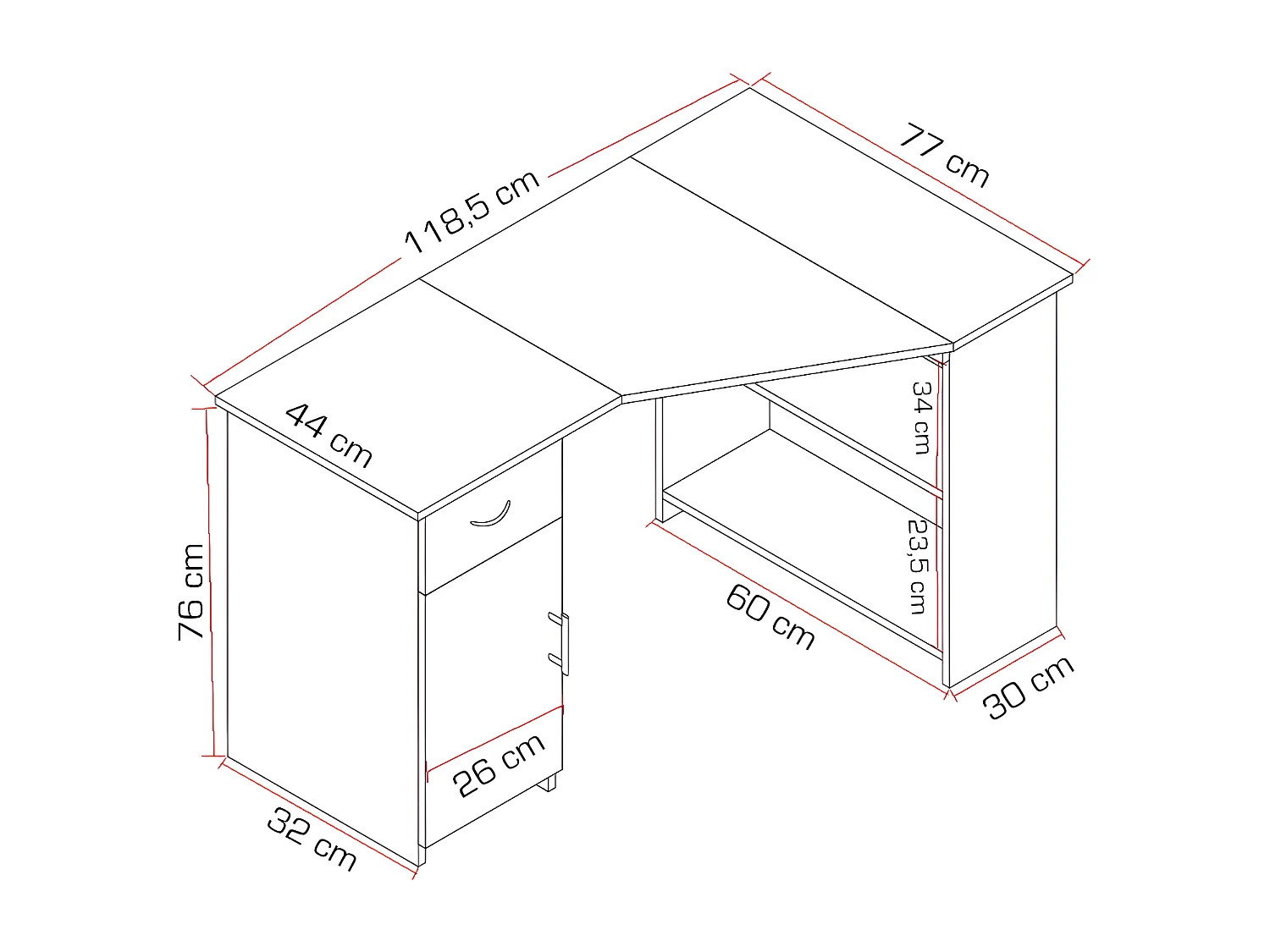 VCM Computer Table | Mesa de canto com gaveta | Dimensões aprox. A. 76 x L. 118 x P. 77 cm | Mesa - Linzia (Branco)