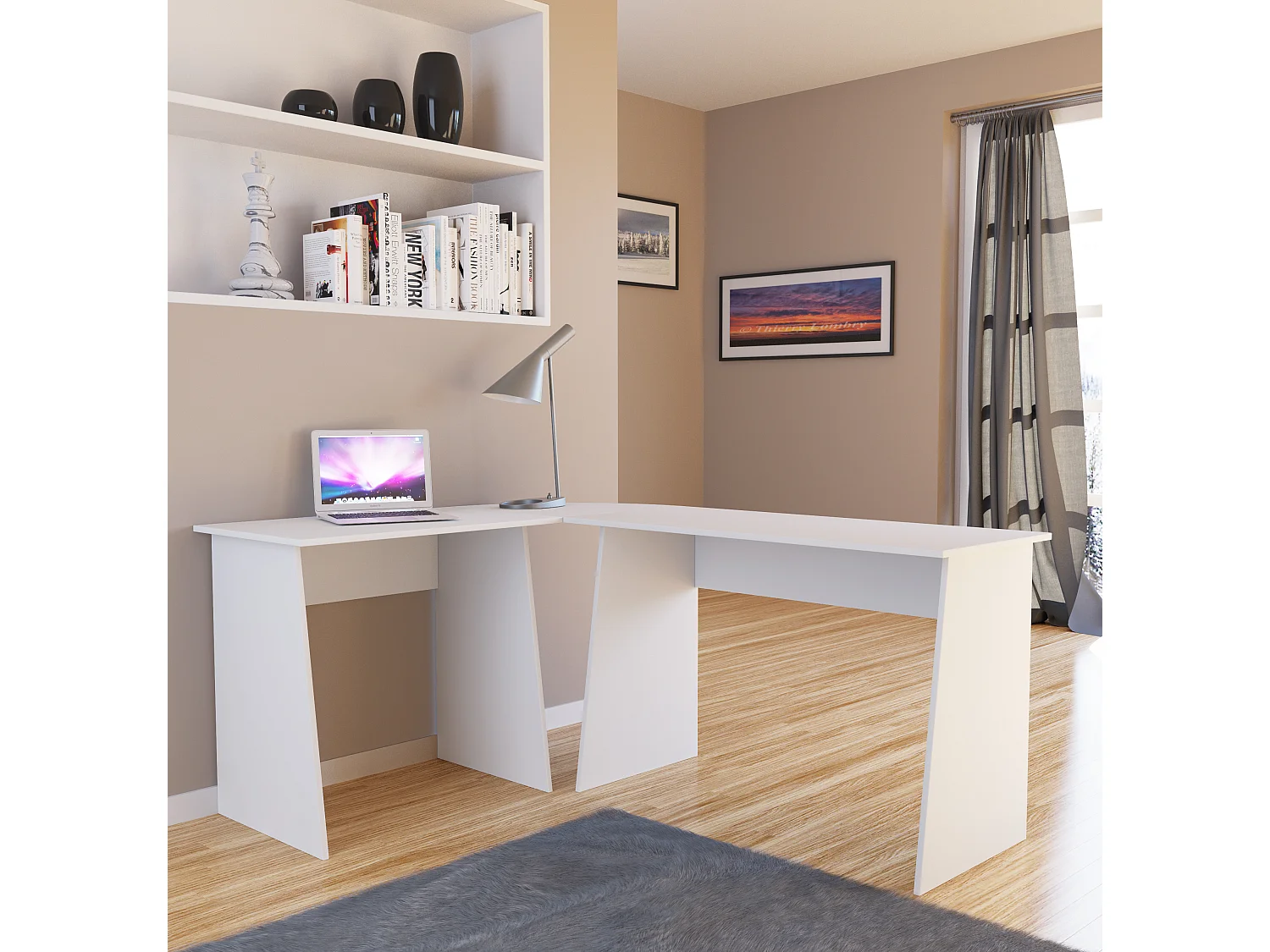 Desk Masola White Desk 1: H. 74 x W. 80 x D. 50 cm, Desk 2: H. 74 x W. 110 x D. 50 cm Corner plate: H. 8 x W. 50 x D. 50 cm