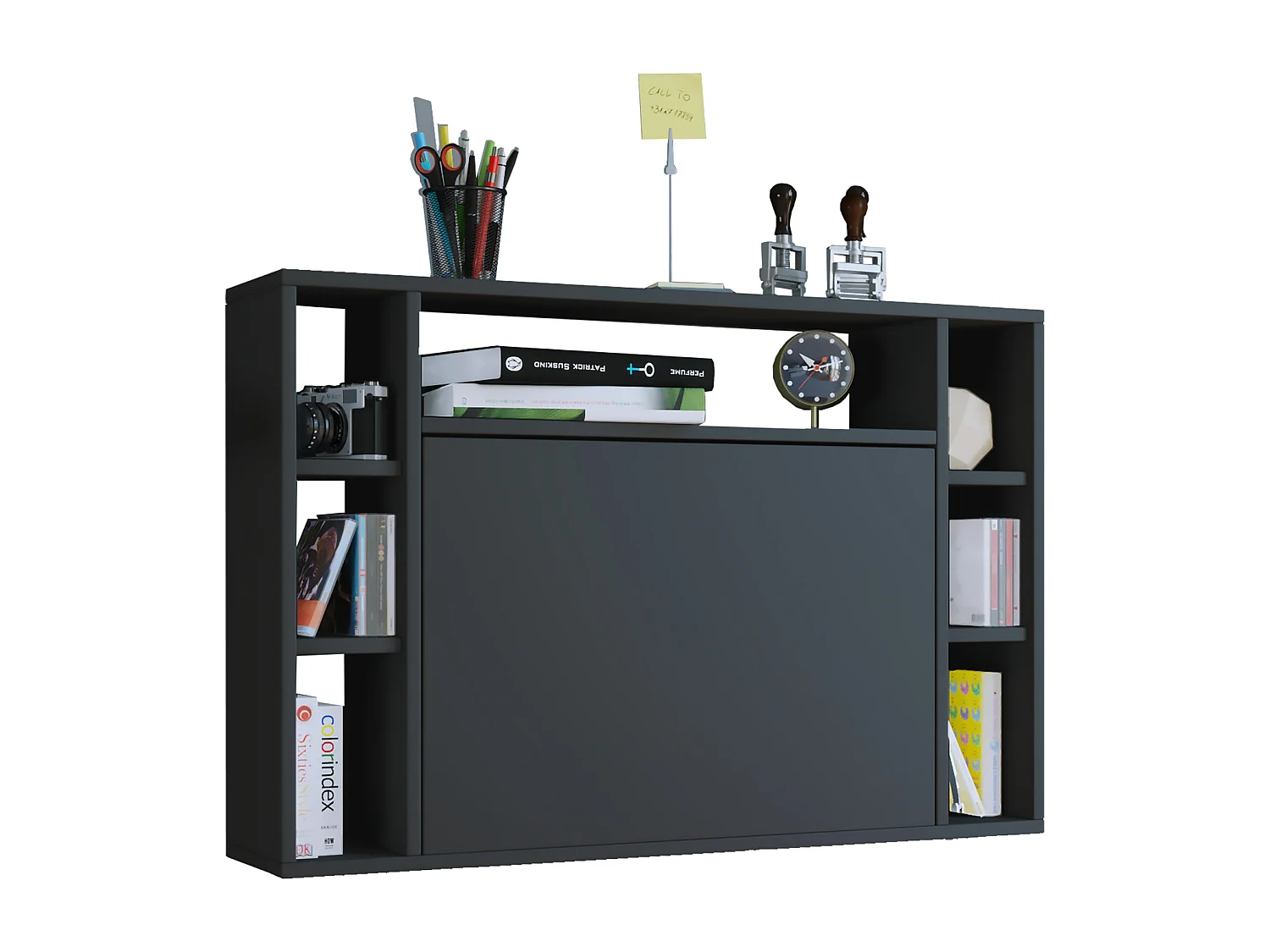 Escritorio Wandila, mesa para portátil, tablero de escritura para montar en la pared y 7 compartimentos, color negro.