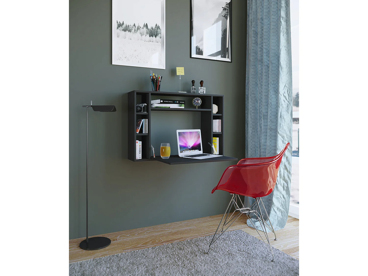 Escritorio Wandila, mesa para portátil, tablero de escritura para montar en la pared y 7 compartimentos, color negro.