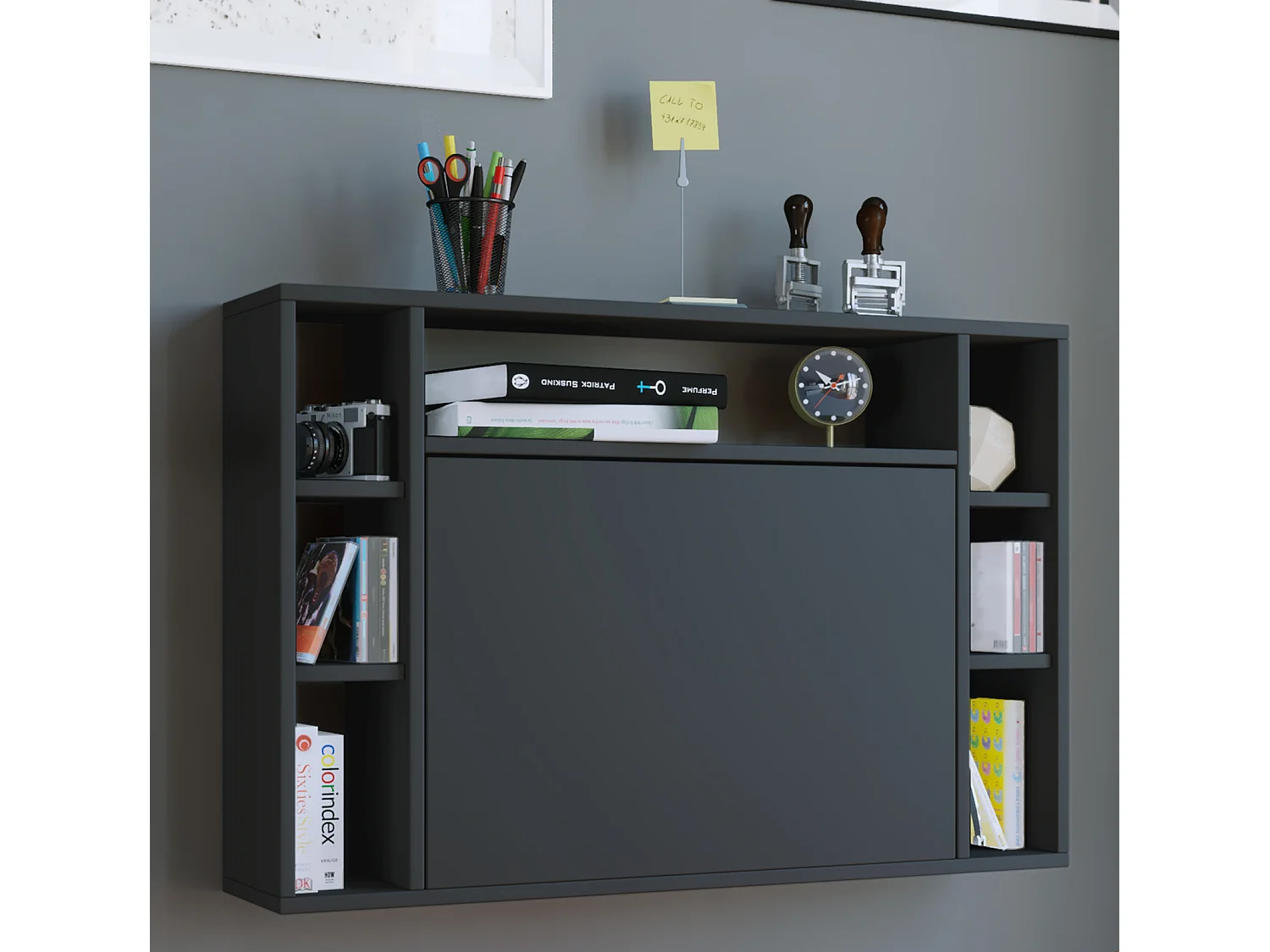 Escritorio Wandila, mesa para portátil, tablero de escritura para montar en la pared y 7 compartimentos, color negro.