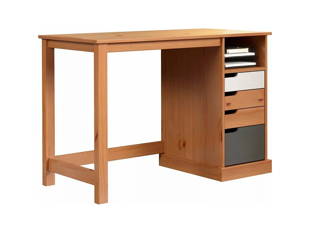 Bureau 4 tiroirs bois de pin laqué blanc, gris et naturel Louis 108cm