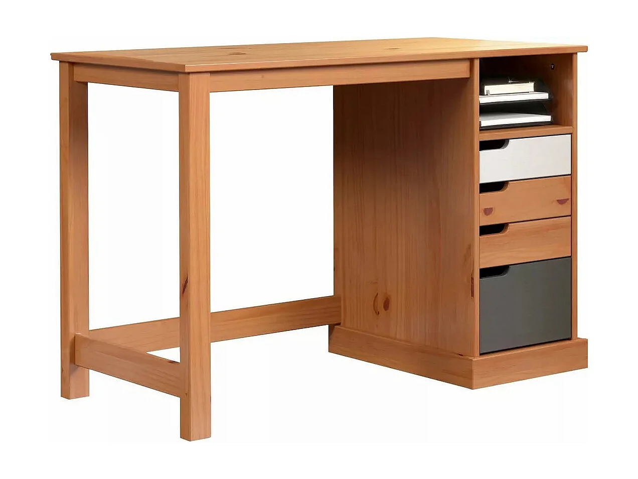 Bureau 4 tiroirs bois de pin laqué blanc, gris et naturel Louis 108cm