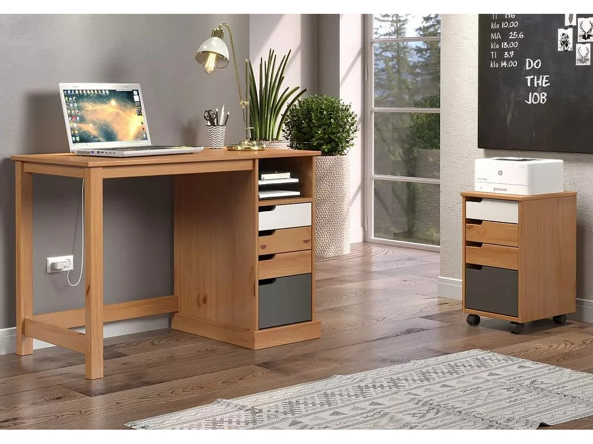 Bureau 4 tiroirs bois de pin laqué blanc, gris et naturel Louis 108cm