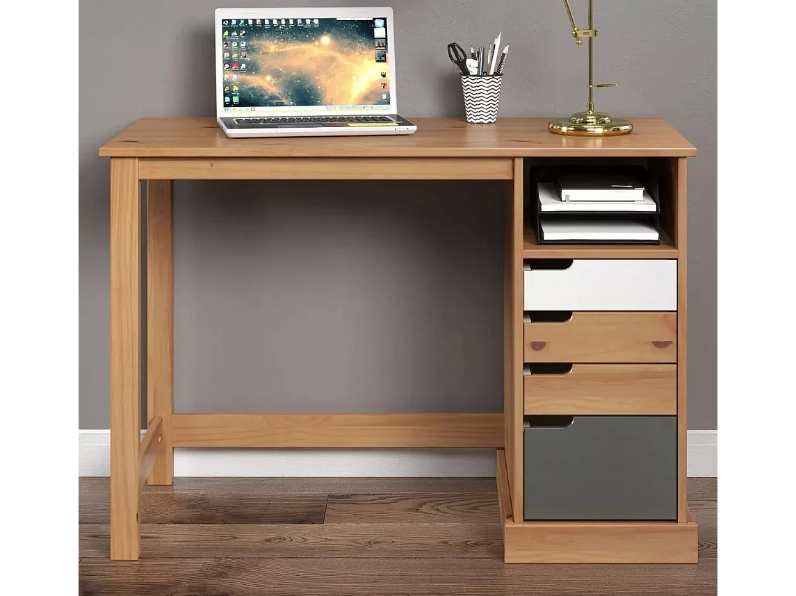 Bureau 4 tiroirs bois de pin laqué blanc, gris et naturel Louis 108cm