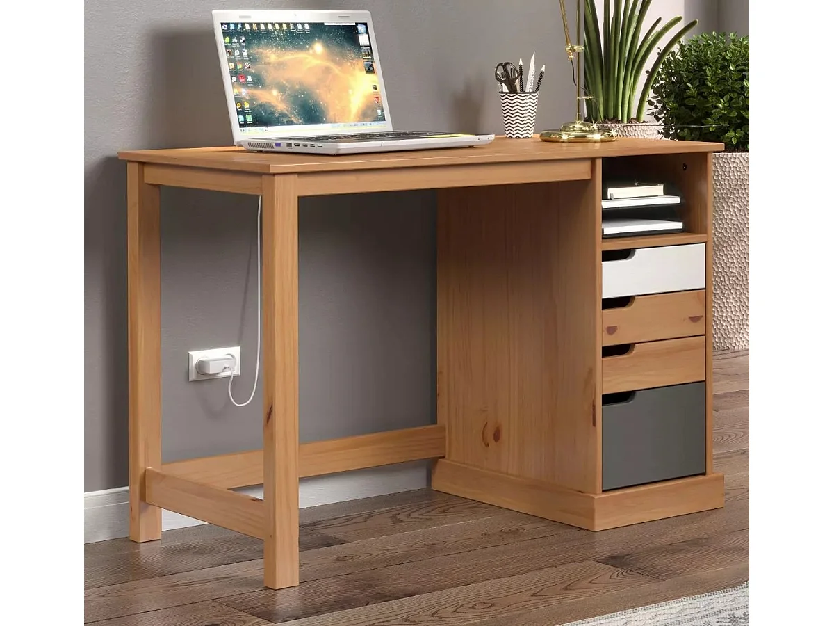 Bureau 4 tiroirs bois de pin laqué blanc, gris et naturel Louis 108cm