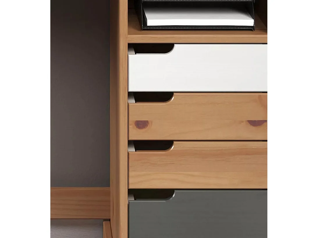 Bureau 4 tiroirs bois de pin laqué blanc, gris et naturel Louis 108cm