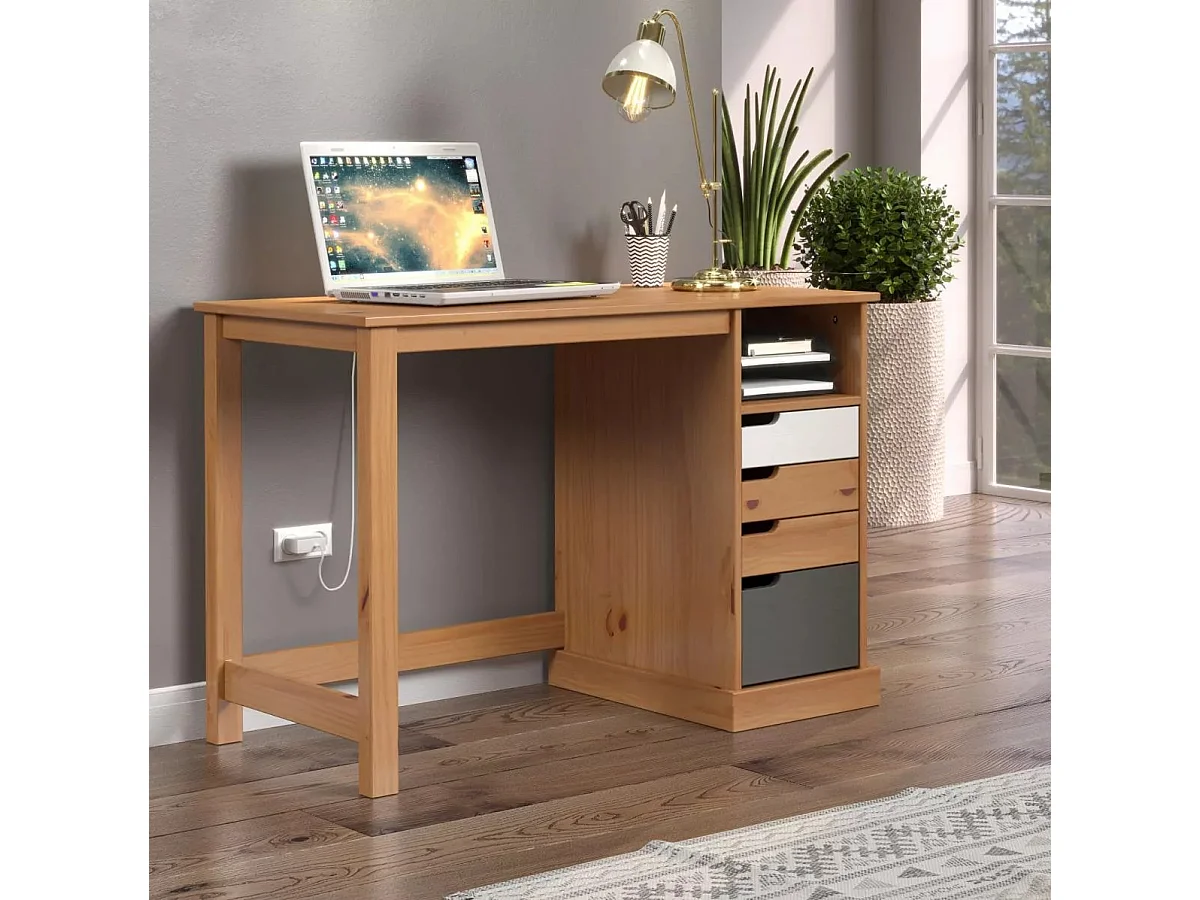 Bureau 4 tiroirs bois de pin laqué blanc, gris et naturel Louis 108cm