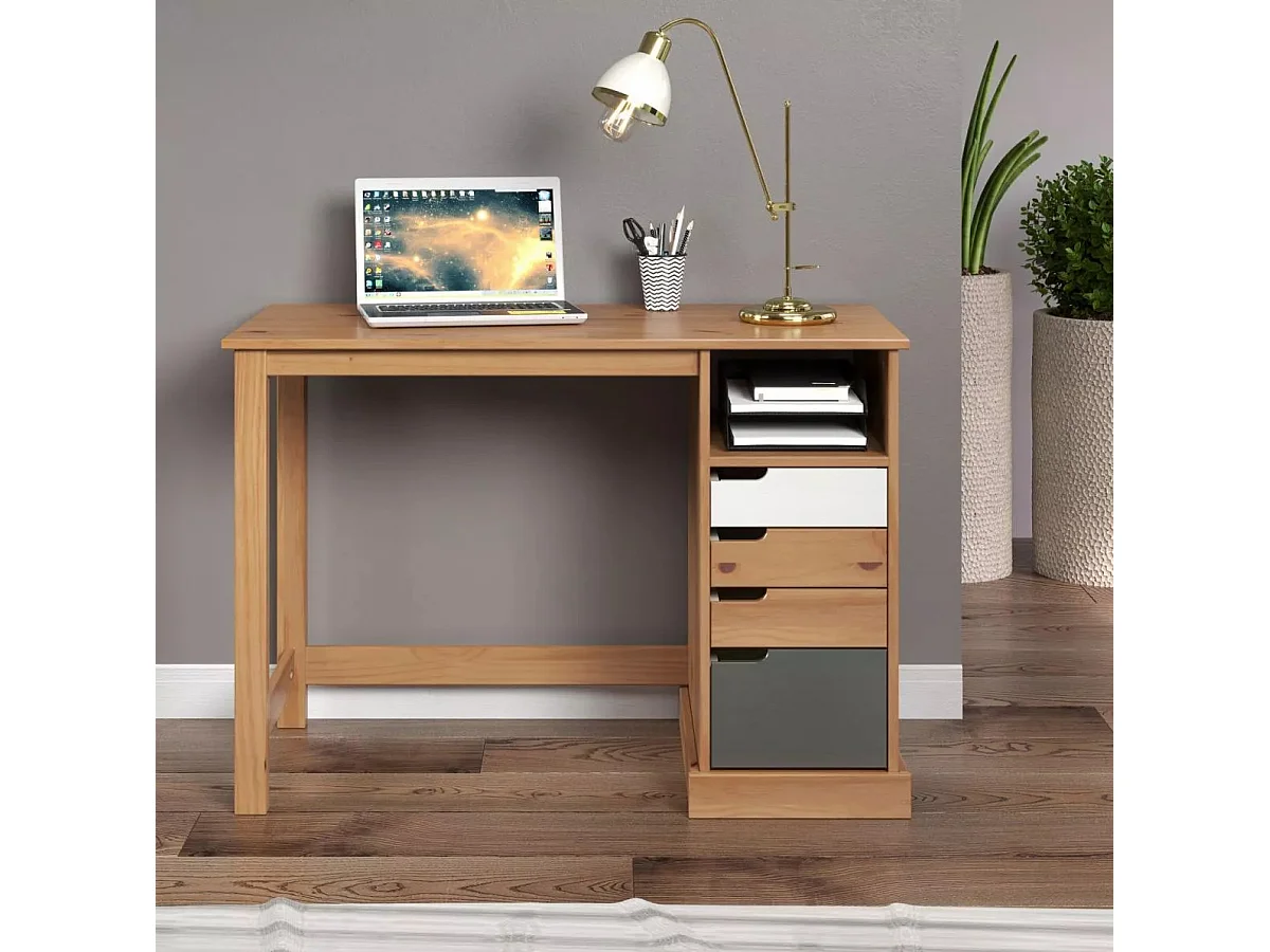 Bureau 4 tiroirs bois de pin laqué blanc, gris et naturel Louis 108cm