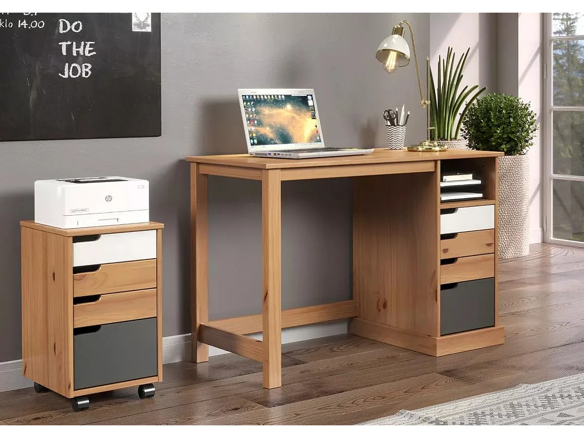Bureau 4 tiroirs bois de pin laqué blanc, gris et naturel Louis 108cm