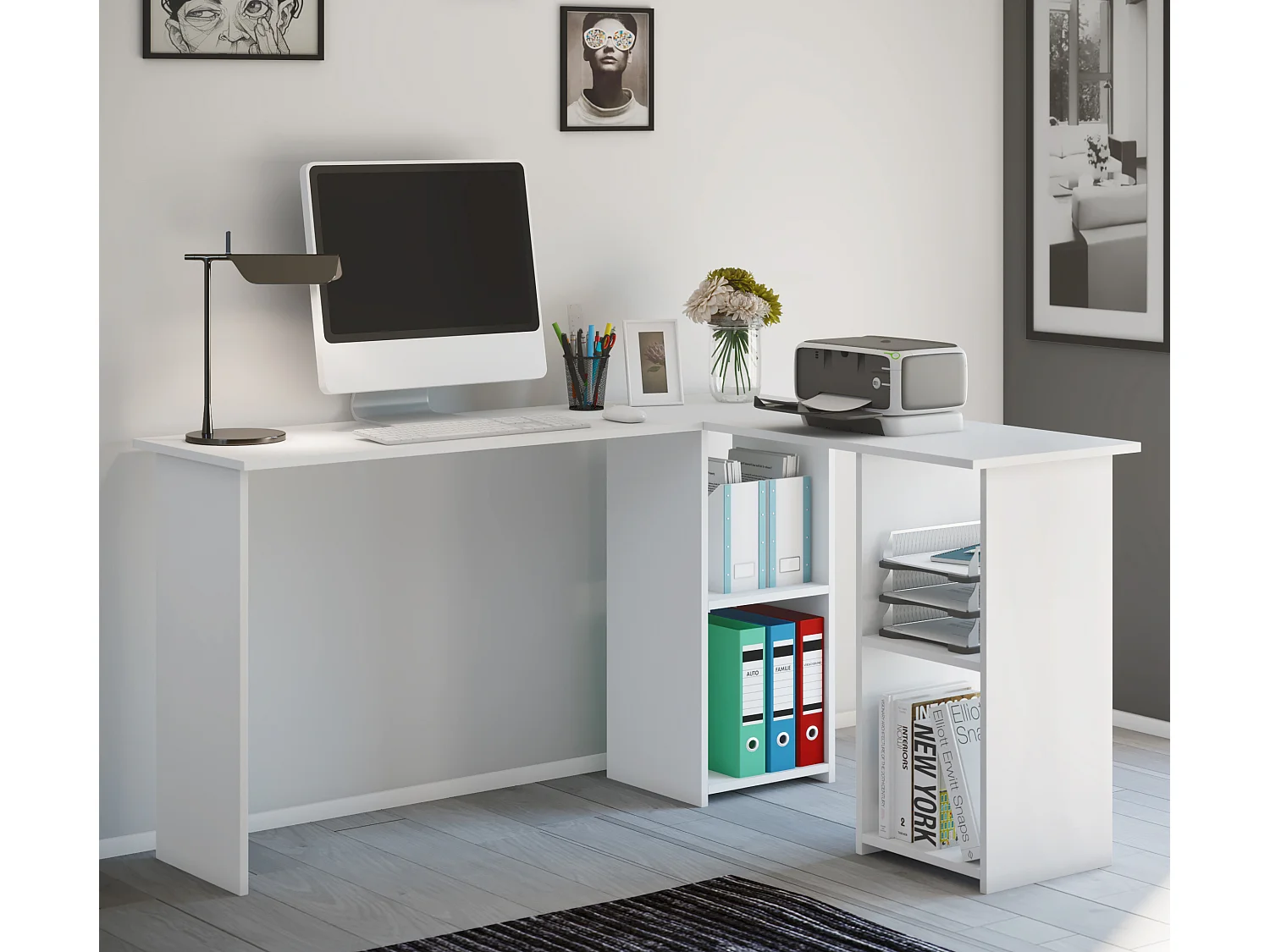VCM Computer Table | Mesa de canto | Dimensões A. 73 x L. 136 x P. 112 cm | Mesa com Bandeja PC – Lusias (Branco)