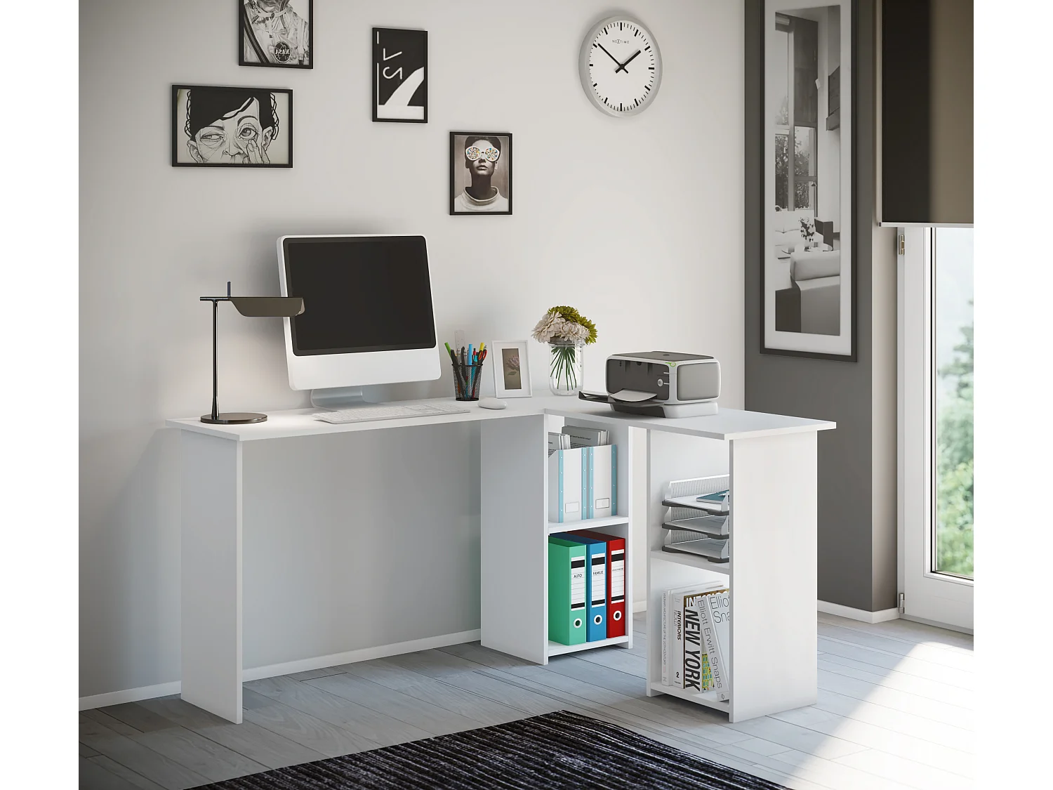 VCM Computer Table | Mesa de canto | Dimensões A. 73 x L. 136 x P. 112 cm | Mesa com Bandeja PC – Lusias (Branco)