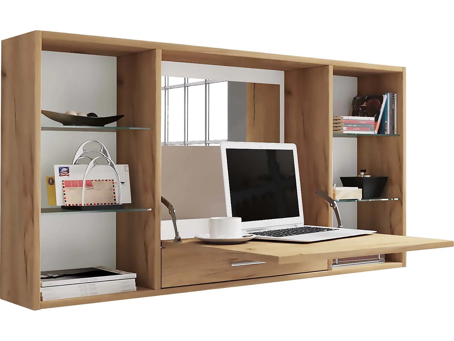 TealaS bureau bureau, mettre la table accroché au mur 1 claquement de porte 1 tiroir 6 tablettes chêne décor.