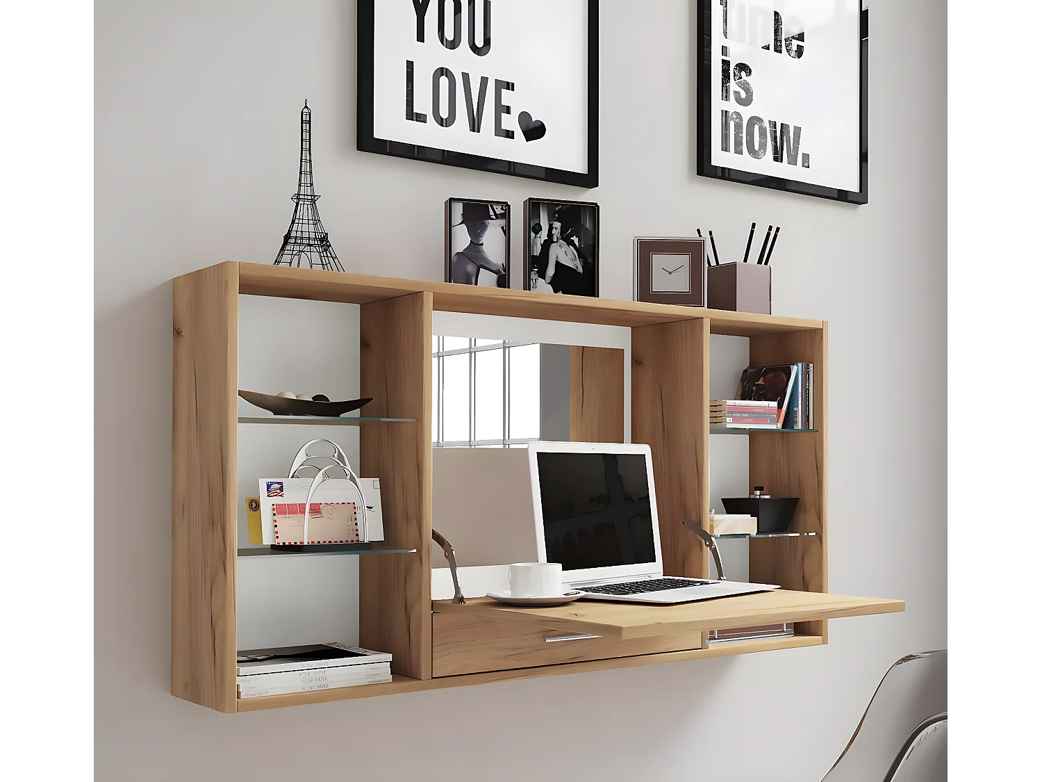 TealaS bureau bureau, mettre la table accroché au mur 1 claquement de porte 1 tiroir 6 tablettes chêne décor.