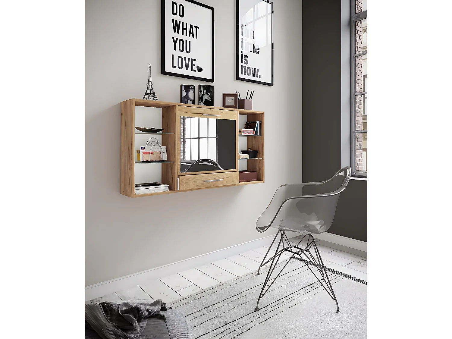 TealaS bureau bureau, mettre la table accroché au mur 1 claquement de porte 1 tiroir 6 tablettes chêne décor.