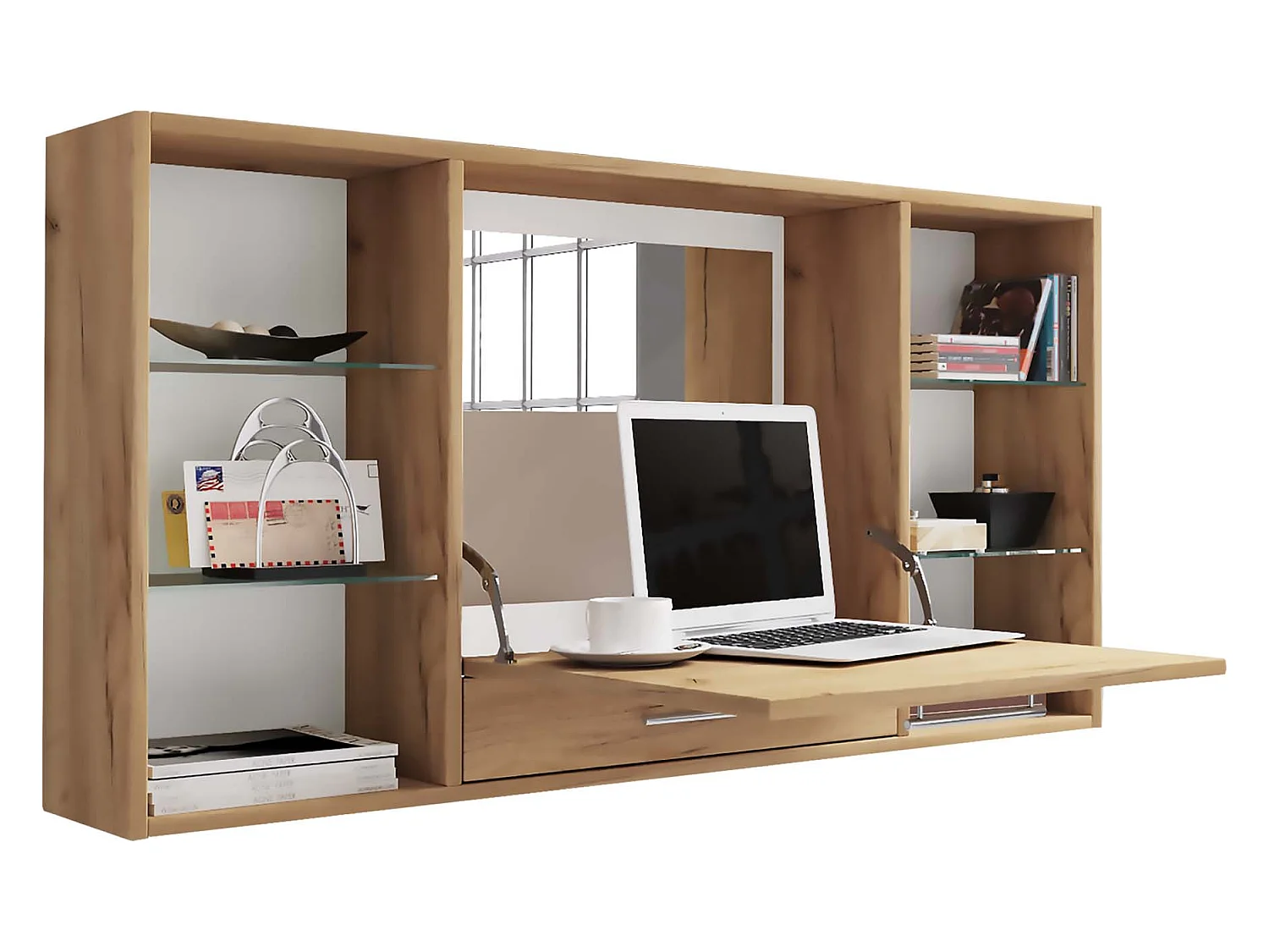 TealaS bureau bureau, mettre la table accroché au mur 1 claquement de porte 1 tiroir 6 tablettes chêne décor.