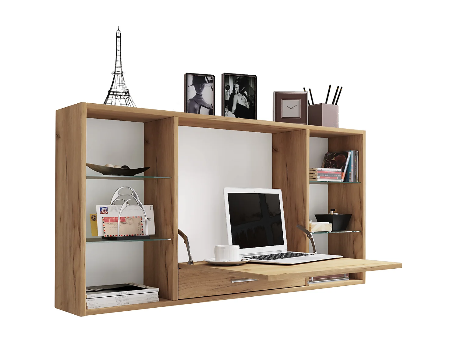 VCM Wood Hanging Desk Mesa de parede Computador Gaveta de mesa Teala (Honey Oak)