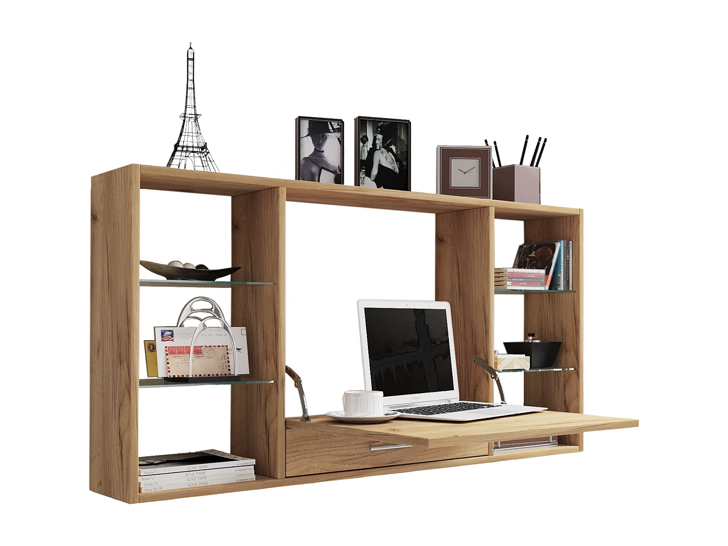 VCM Wood Hanging Desk Mesa de parede Computador Gaveta de mesa Teala (Honey Oak)