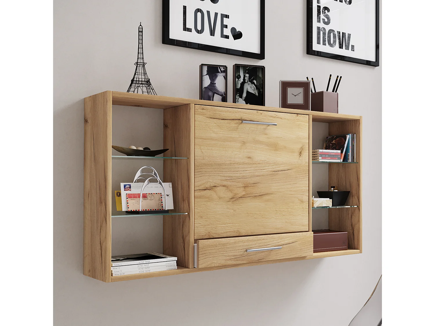 Escritorio Teala, tablero de escritura para montar en la pared, 6 compartimentos y 1 cajón, decoración roble pulido.