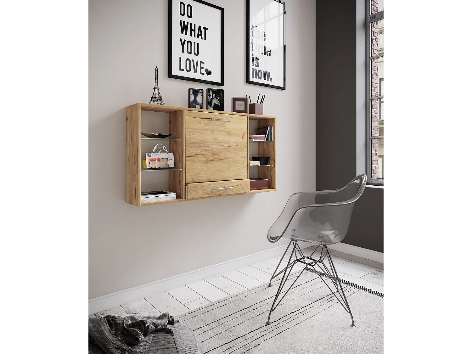 Escritorio Teala, tablero de escritura para montar en la pared, 6 compartimentos y 1 cajón, decoración roble pulido.