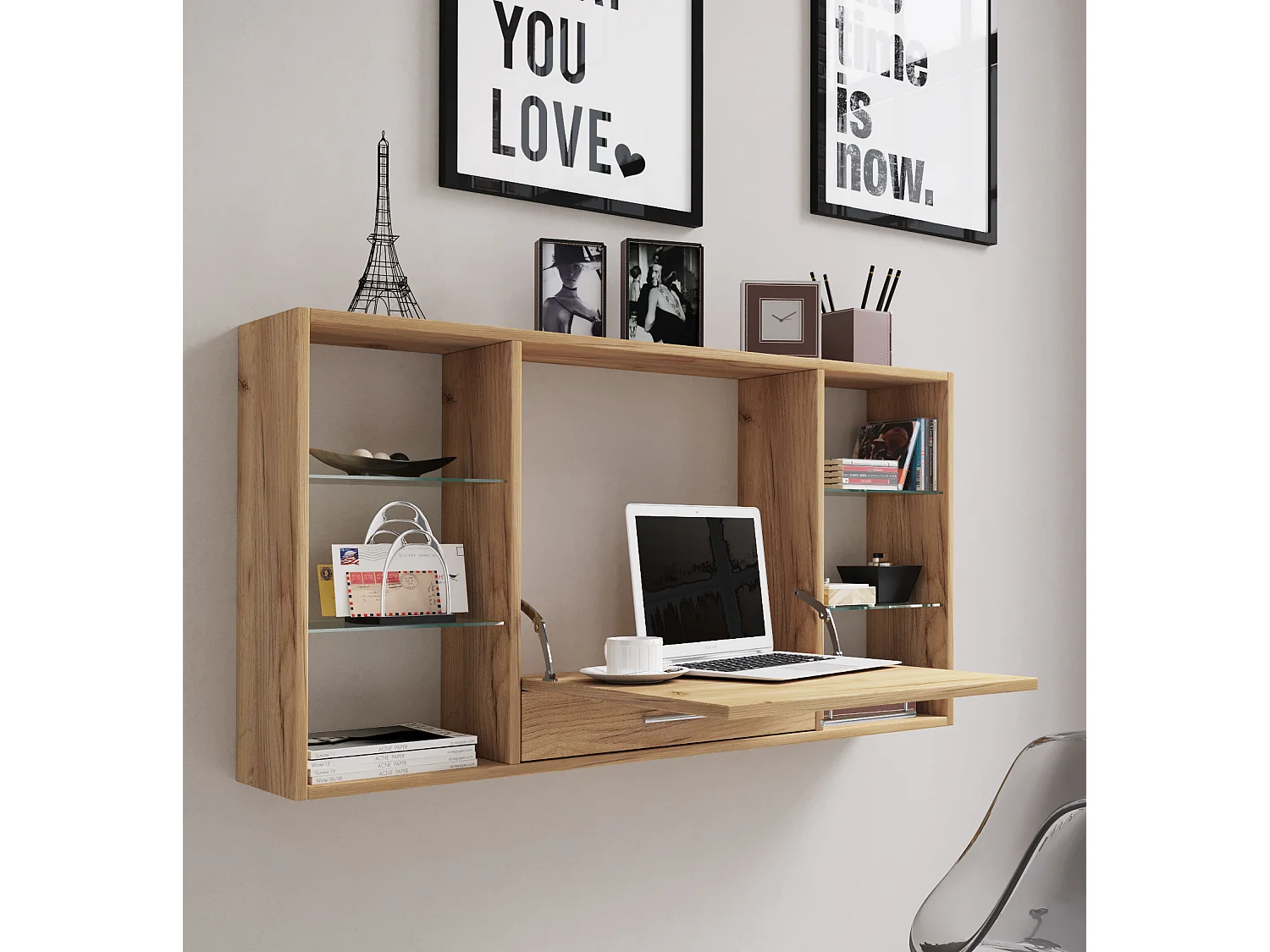 Escritorio Teala, tablero de escritura para montar en la pared, 6 compartimentos y 1 cajón, decoración roble pulido.