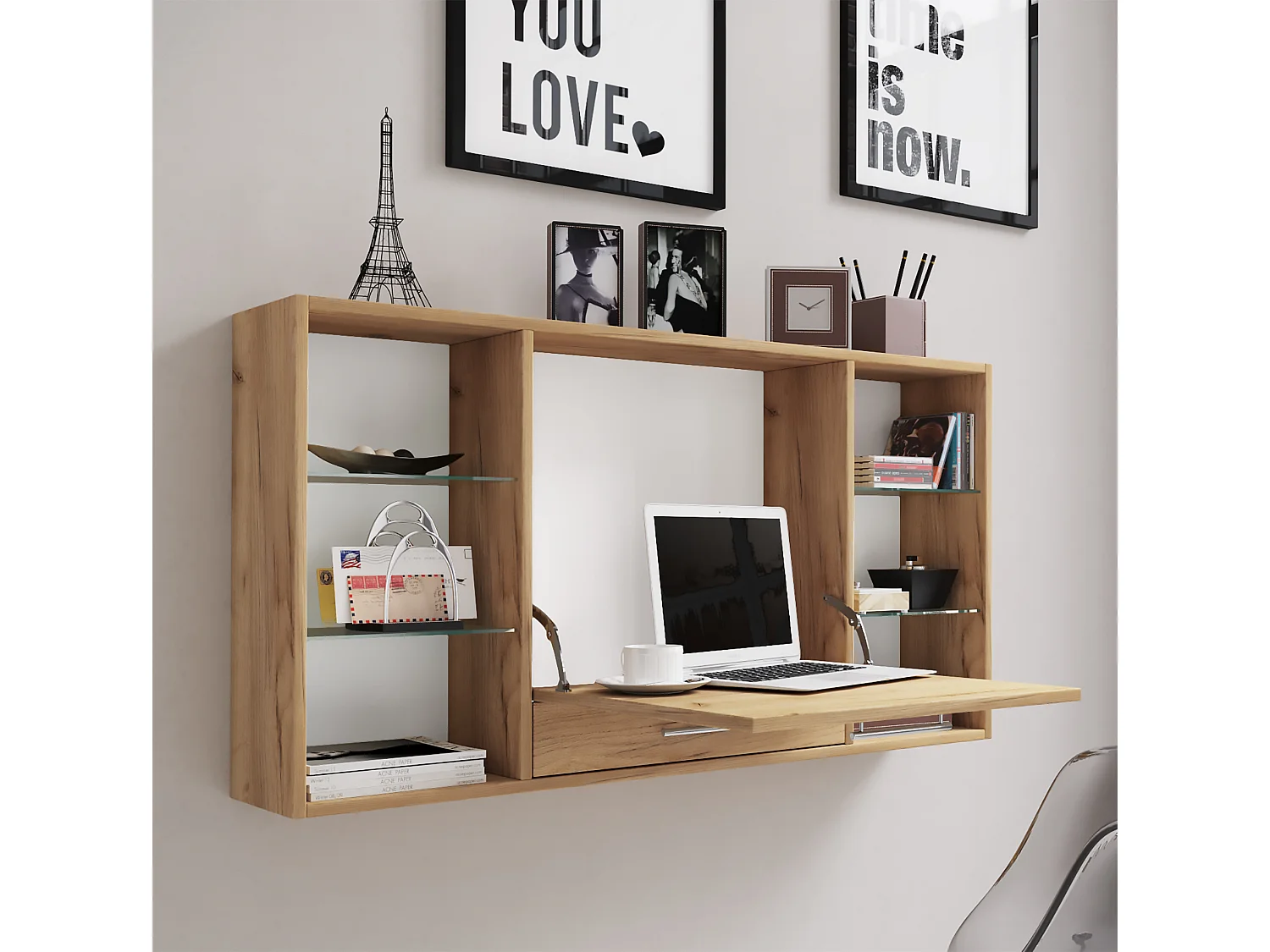 Escritorio Teala, tablero de escritura para montar en la pared, 6 compartimentos y 1 cajón, decoración roble pulido.