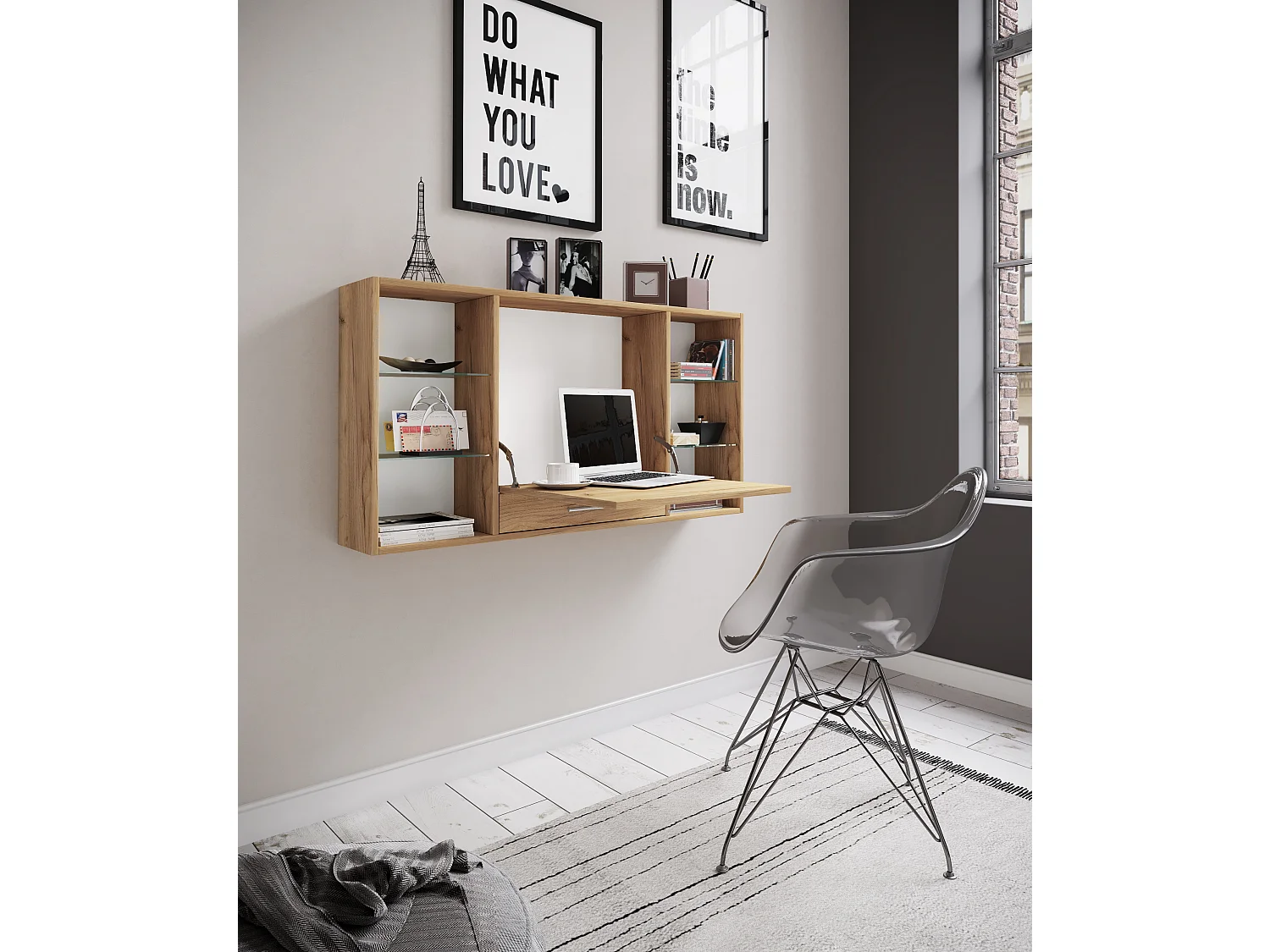 Escritorio Teala, tablero de escritura para montar en la pared, 6 compartimentos y 1 cajón, decoración roble pulido.