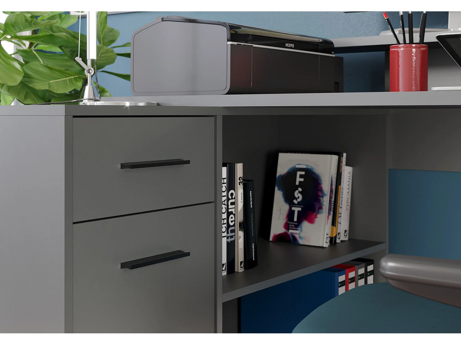 GamerBüro bureau gamer 1 deur, 1 lade, 2 open vakken antraciet mat.