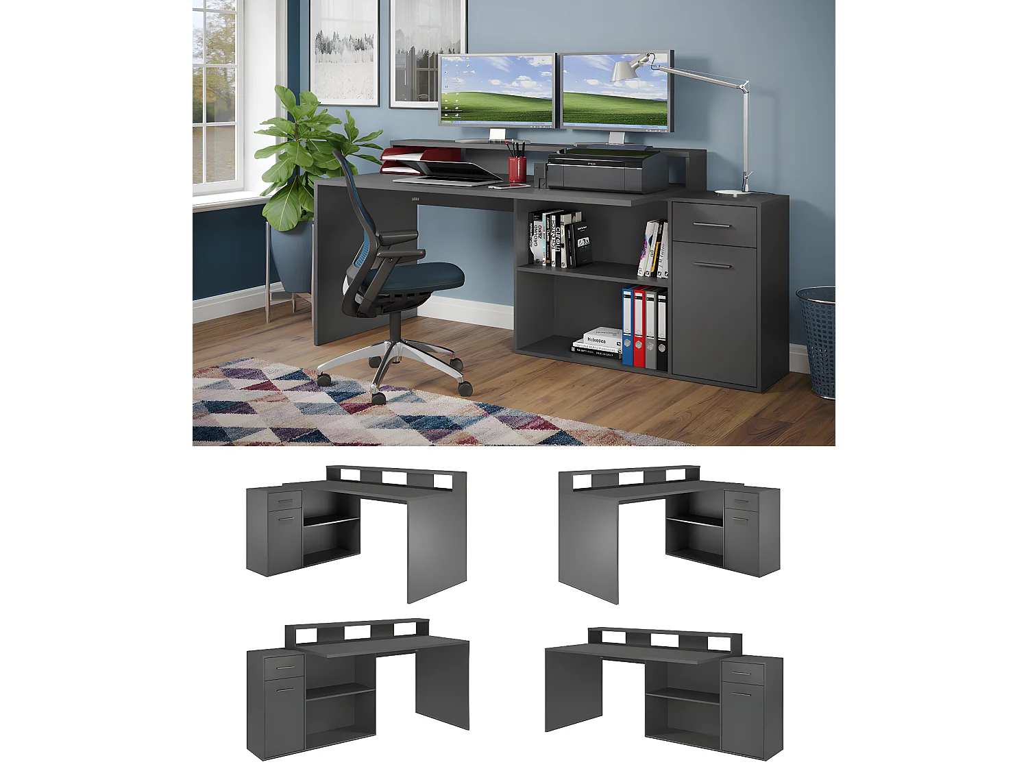 GamerBüro bureau gamer 1 deur, 1 lade, 2 open vakken antraciet mat.