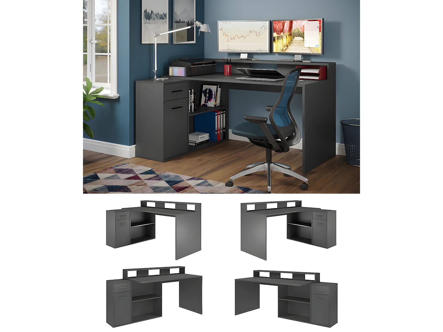 GamerBüro bureau gamer 1 deur, 1 lade, 2 open vakken antraciet mat.