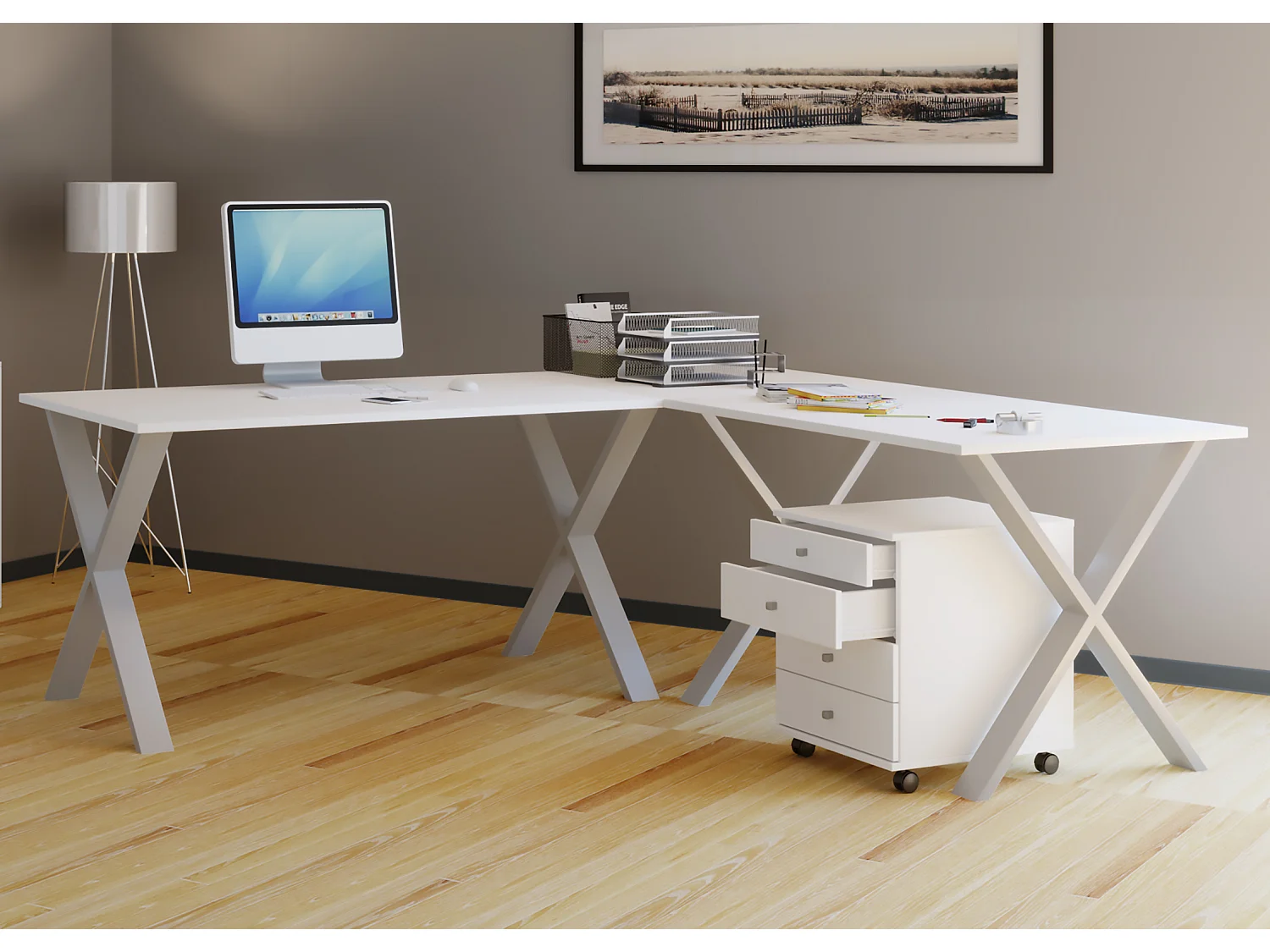 Desk Lona Silver / White H. 76 x W. 190 x D. 160 cm