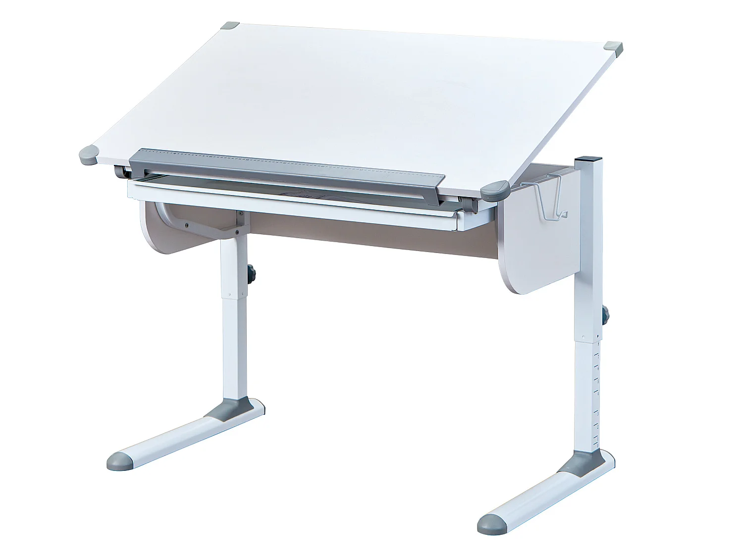 Stog Bureau hauteur de plateau réglable et 1 tiroir, blanc et gris.