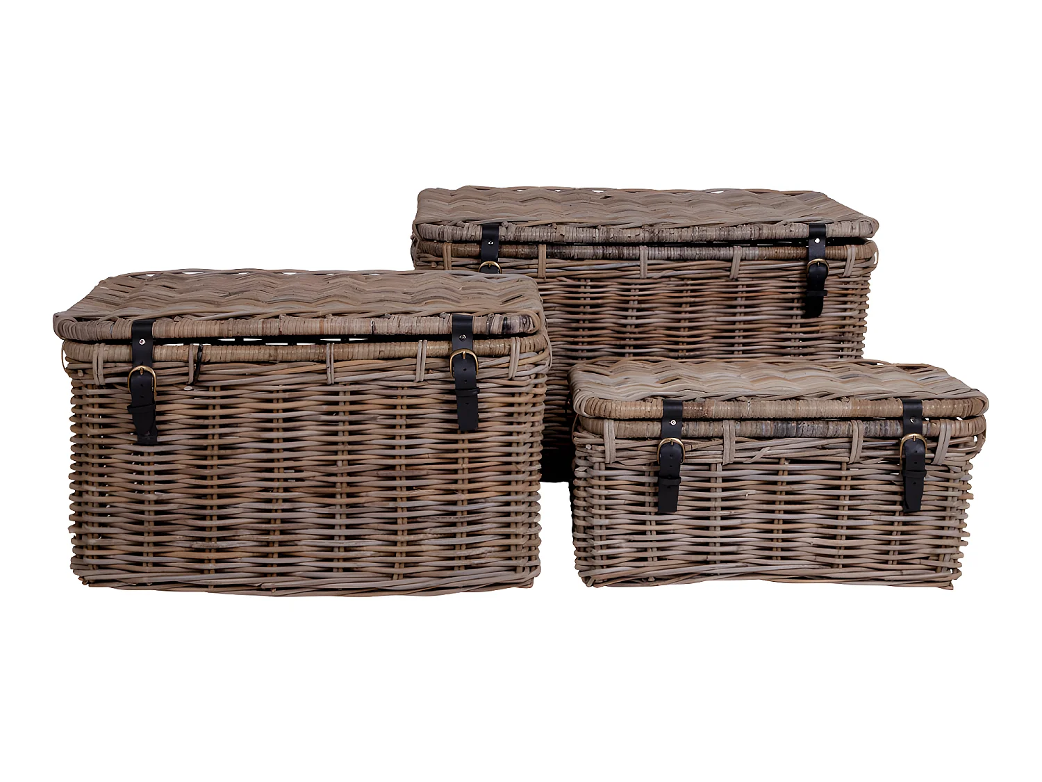 Demsy Boîte de rangement, 3 pièces en kubu gris avec poignée en cuir.