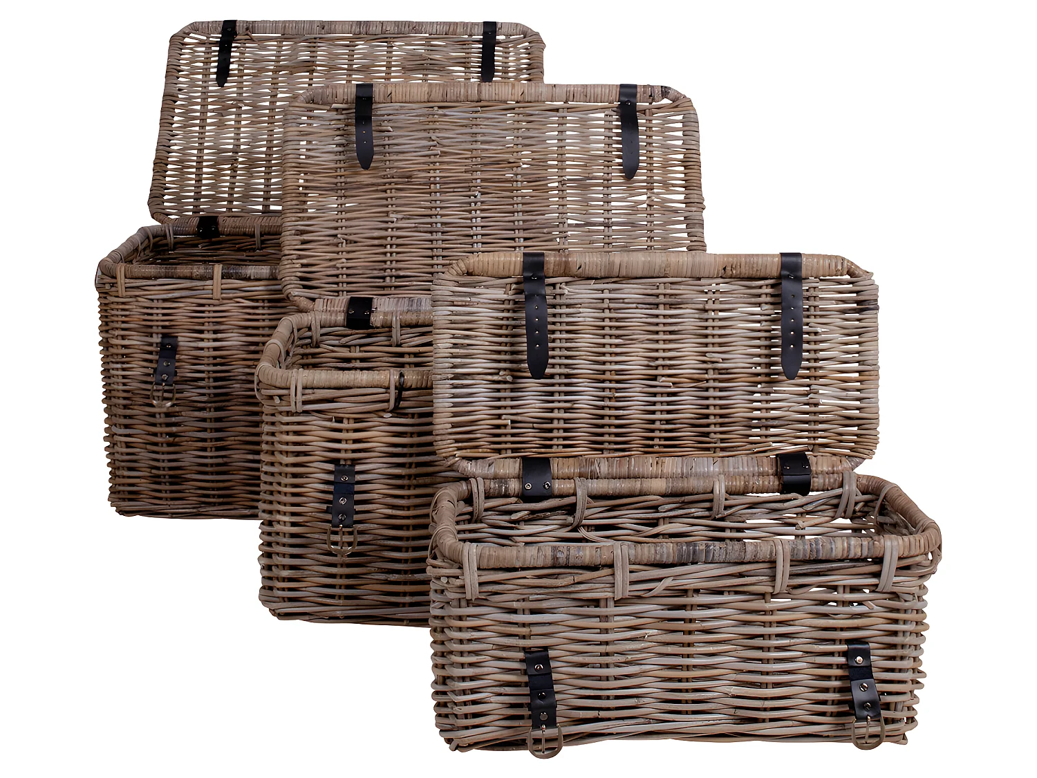 Demsy Boîte de rangement, 3 pièces en kubu gris avec poignée en cuir.