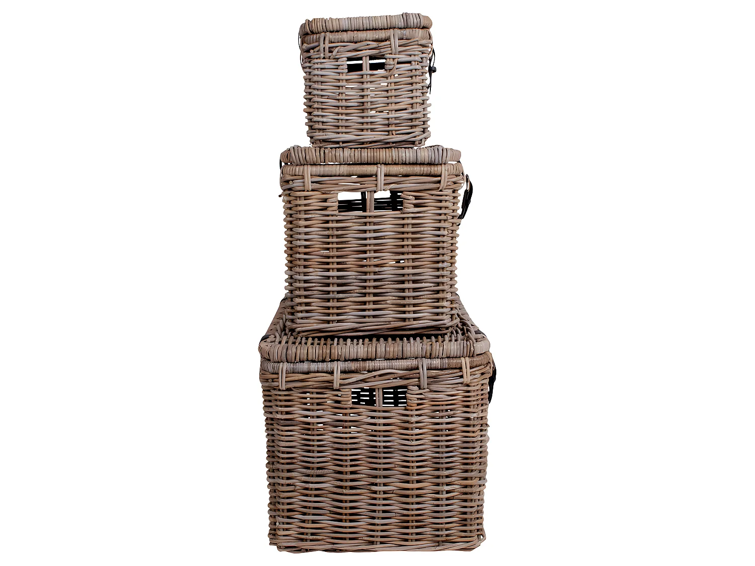 Demsy Boîte de rangement, 3 pièces en kubu gris avec poignée en cuir.