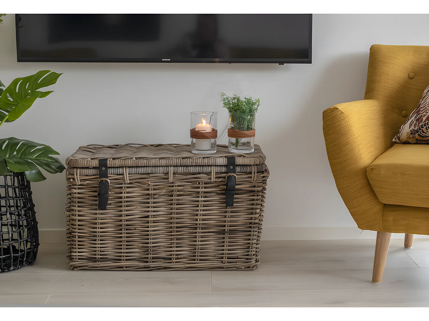 Demsy Boîte de rangement, 3 pièces en kubu gris avec poignée en cuir.