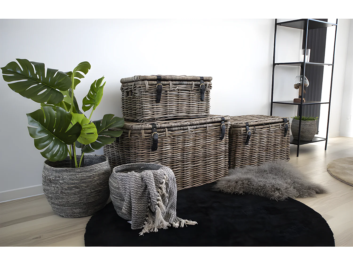 Demsy Boîte de rangement, 3 pièces en kubu gris avec poignée en cuir.