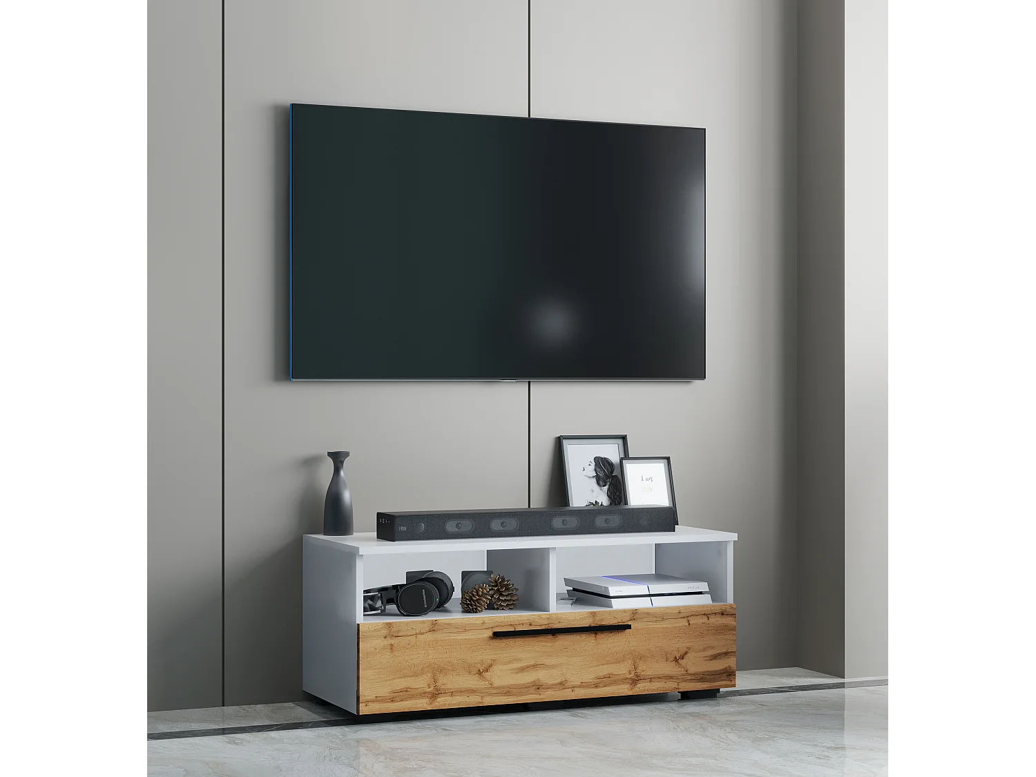 TV Furniture Arila White / Honey oak H. 39 x W. 95 x D. 40 cm