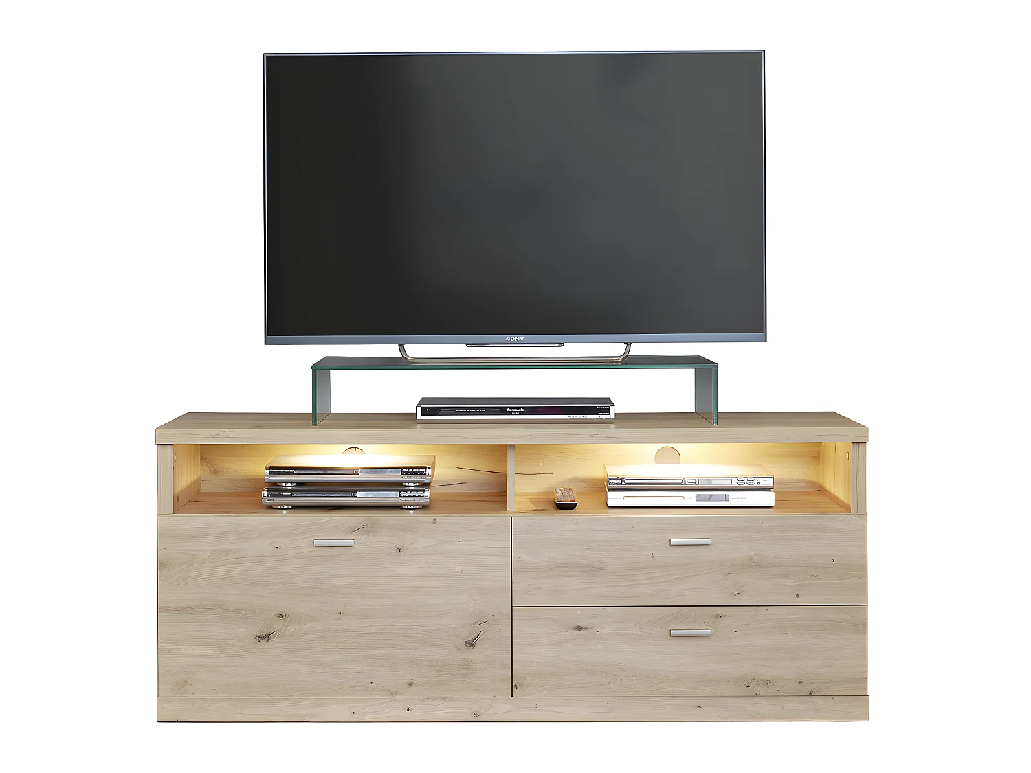 Echo TVLowboard 2 tiroirs, 2 espaces ouverts, 1 rabat, incl. finition chêne clair.