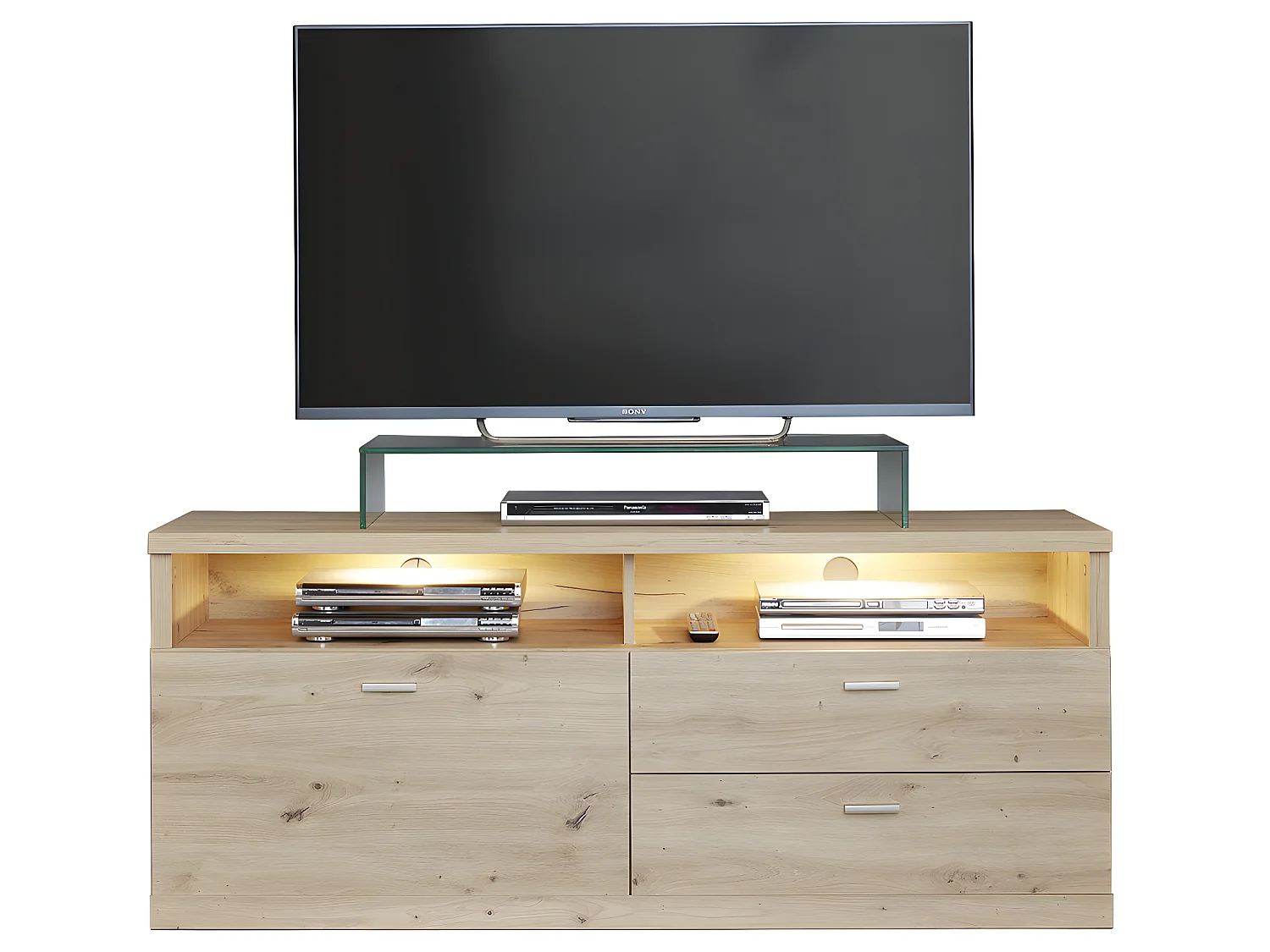 Echo TVLowboard 2 tiroirs, 2 espaces ouverts, 1 rabat, incl. finition chêne clair.