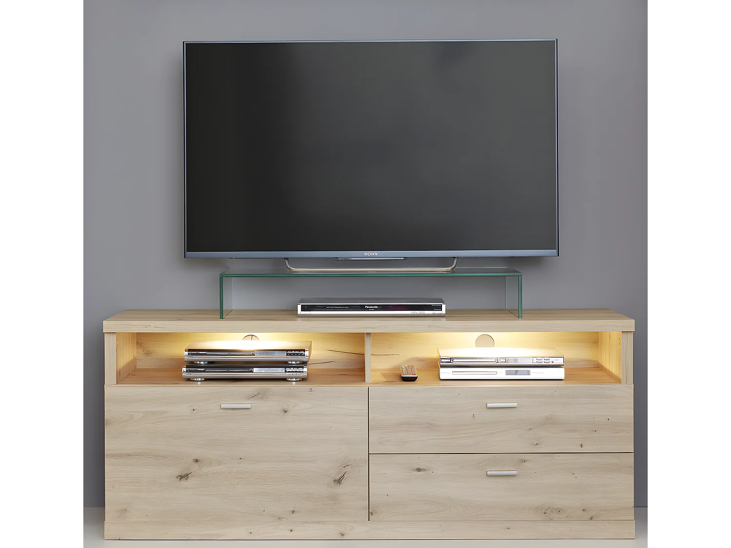 Echo TVLowboard 2 tiroirs, 2 espaces ouverts, 1 rabat, incl. finition chêne clair.