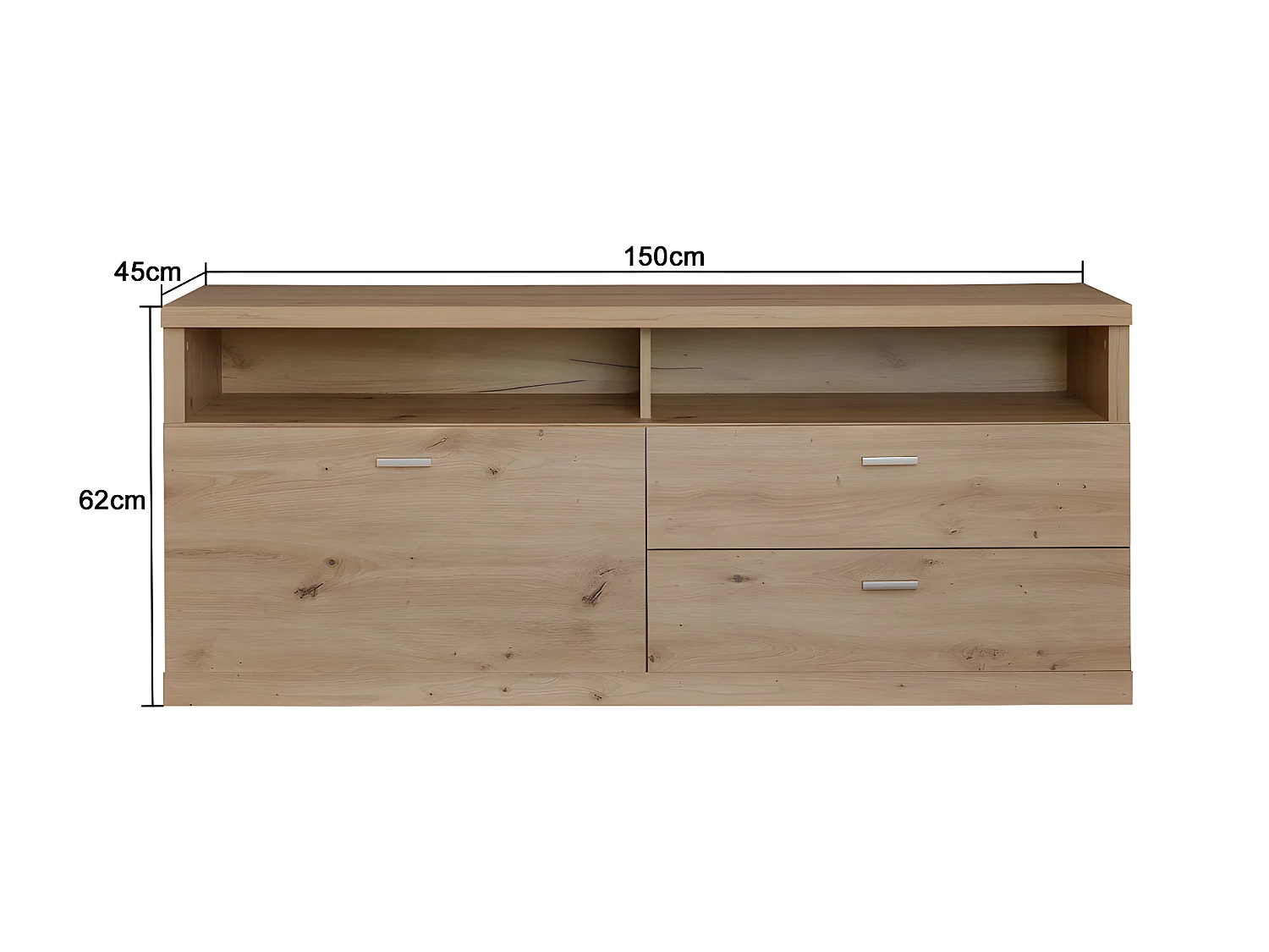 Echo TVLowboard 2 tiroirs, 2 espaces ouverts, 1 rabat, incl. finition chêne clair.