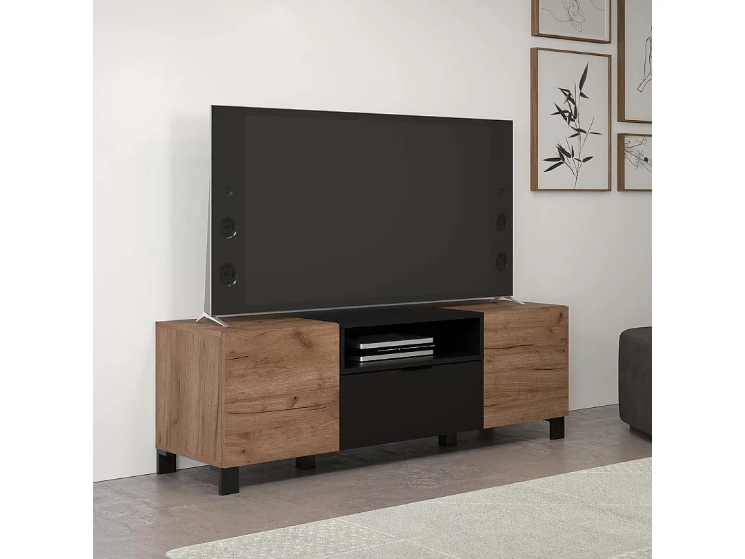 Meuble TV 2 portes, 1 abattant et 1 niche L144 cm - KENDO