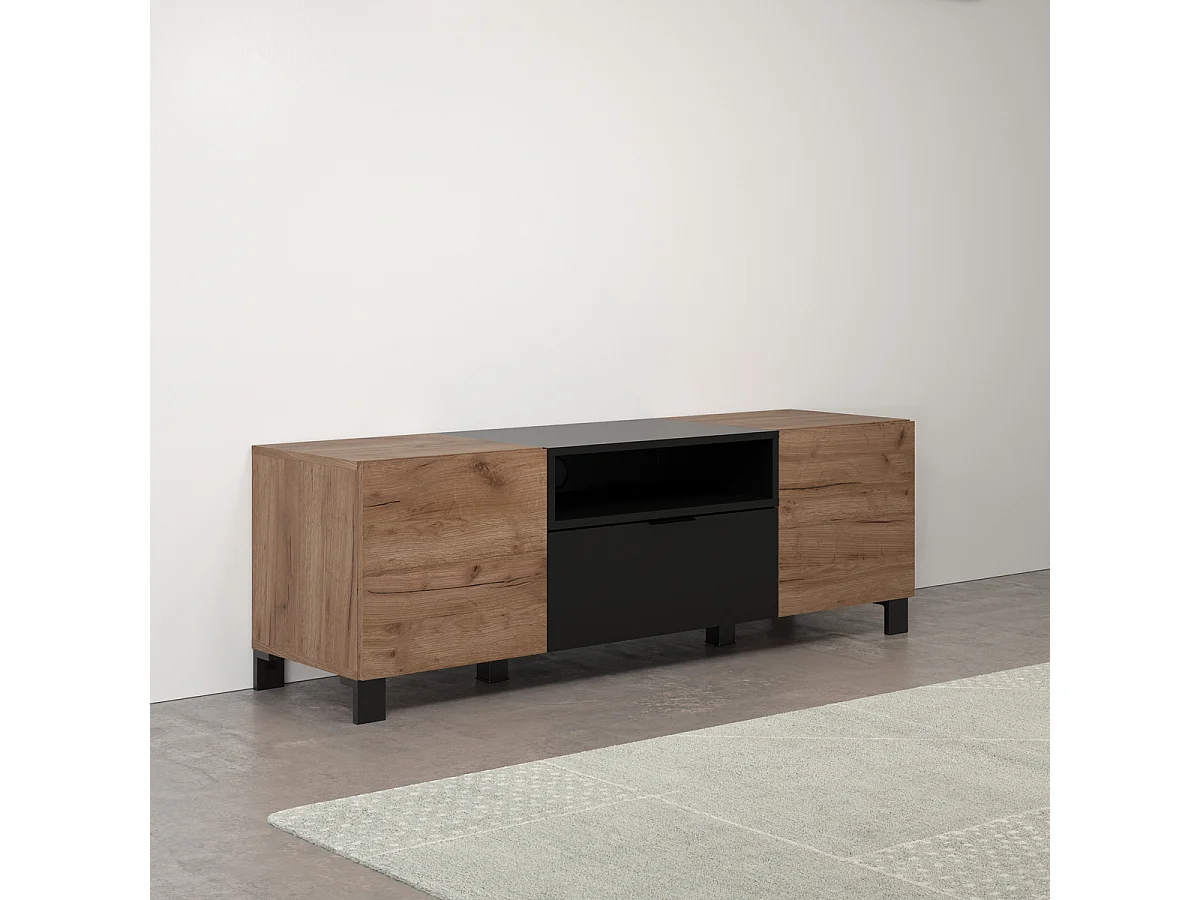 Meuble TV 2 portes, 1 abattant et 1 niche L144 cm - KENDO