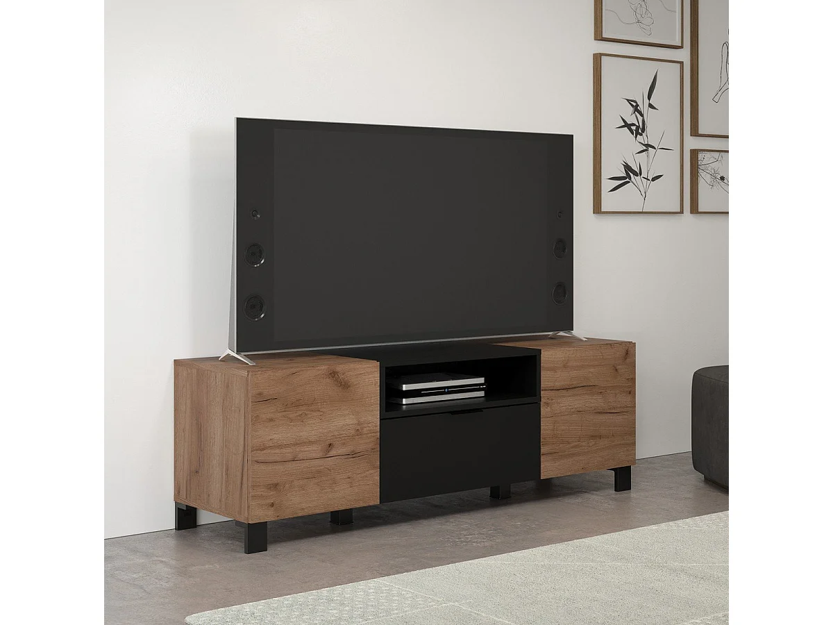 Meuble TV 2 portes, 1 abattant et 1 niche L144 cm - KENDO