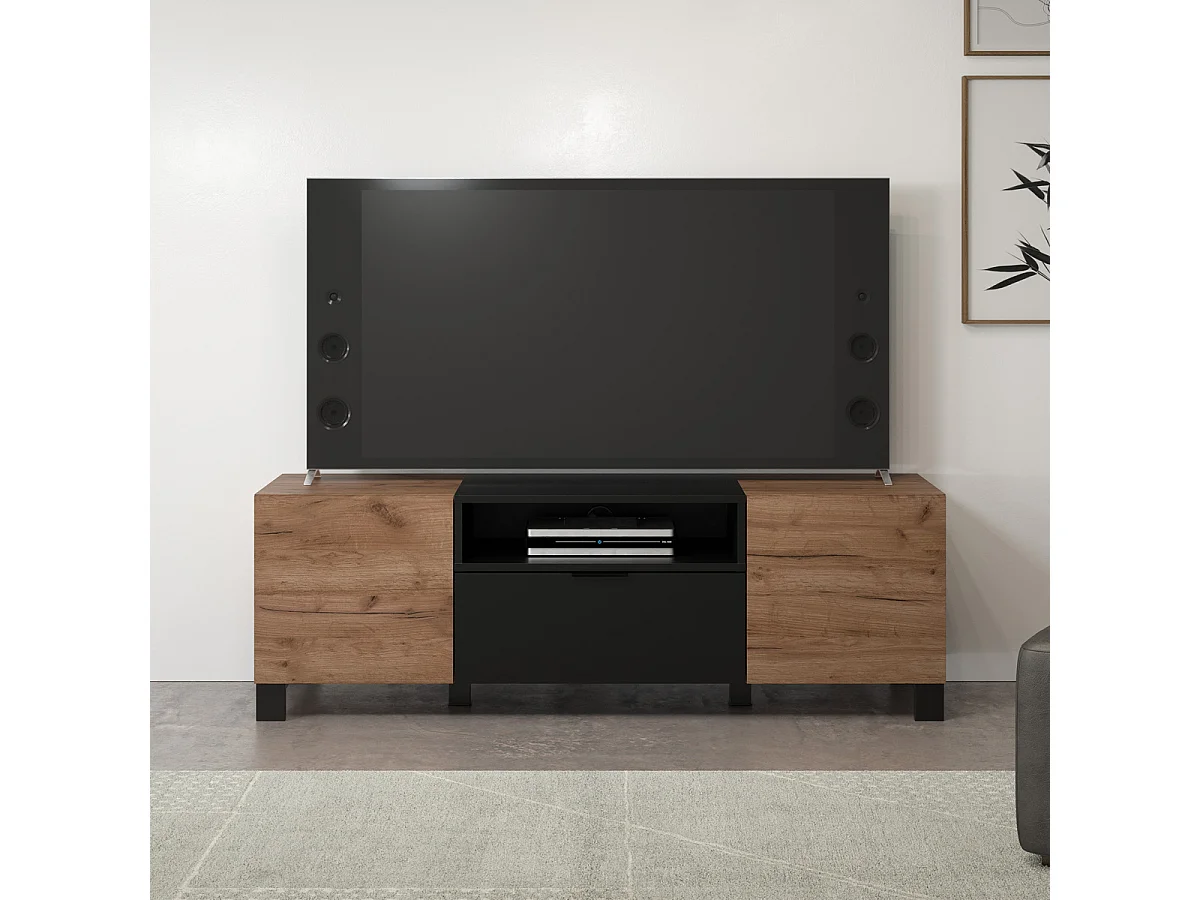 Meuble TV 2 portes, 1 abattant et 1 niche L144 cm - KENDO