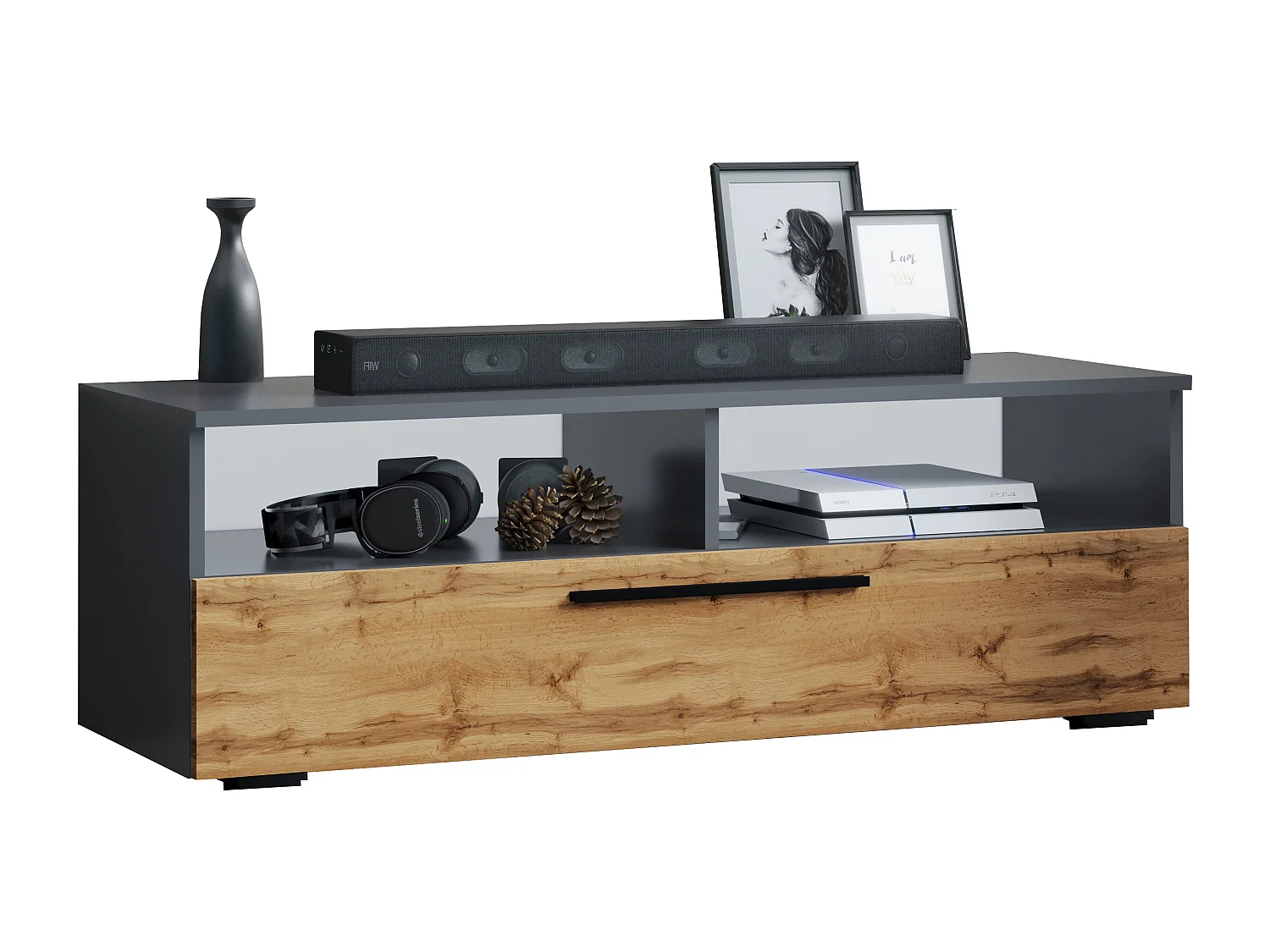 TV Furniture Arila Anthracite / honey oak H. 39 x W. 115 x D. 40 cm