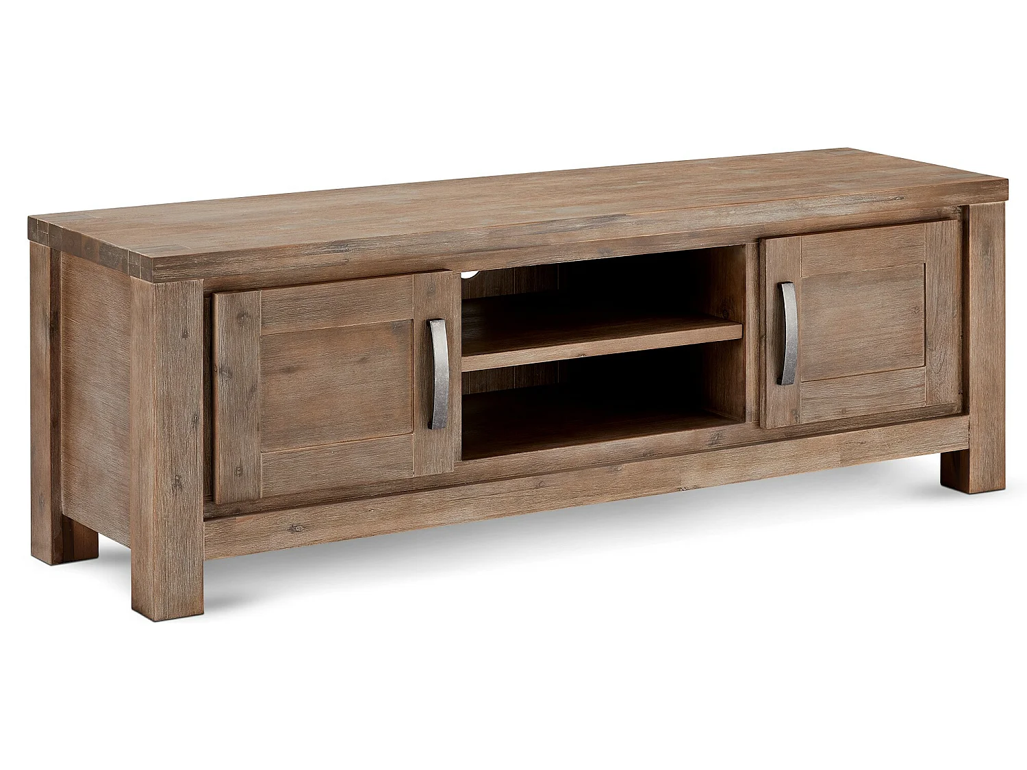 Alana Meuble TV avec 2 portes et une étagère, en bois d'acacia, teinté brun. Livré monté prêt à l'emploi.