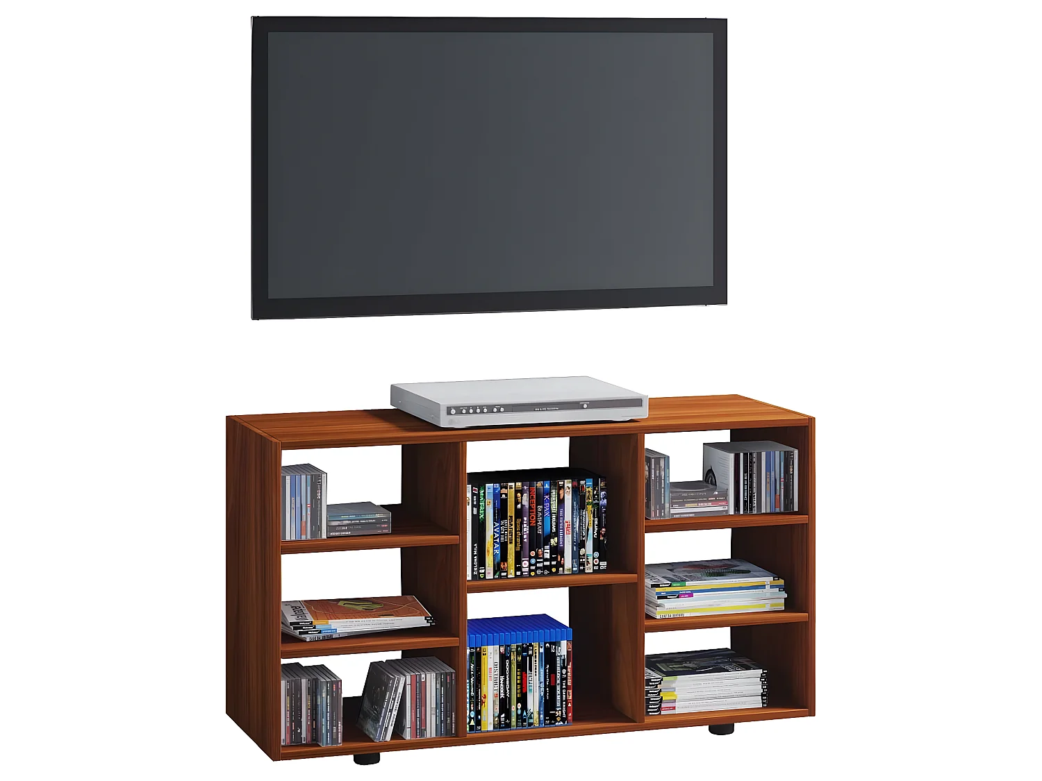 Fetino table TV 8 tablettes noyer décor.